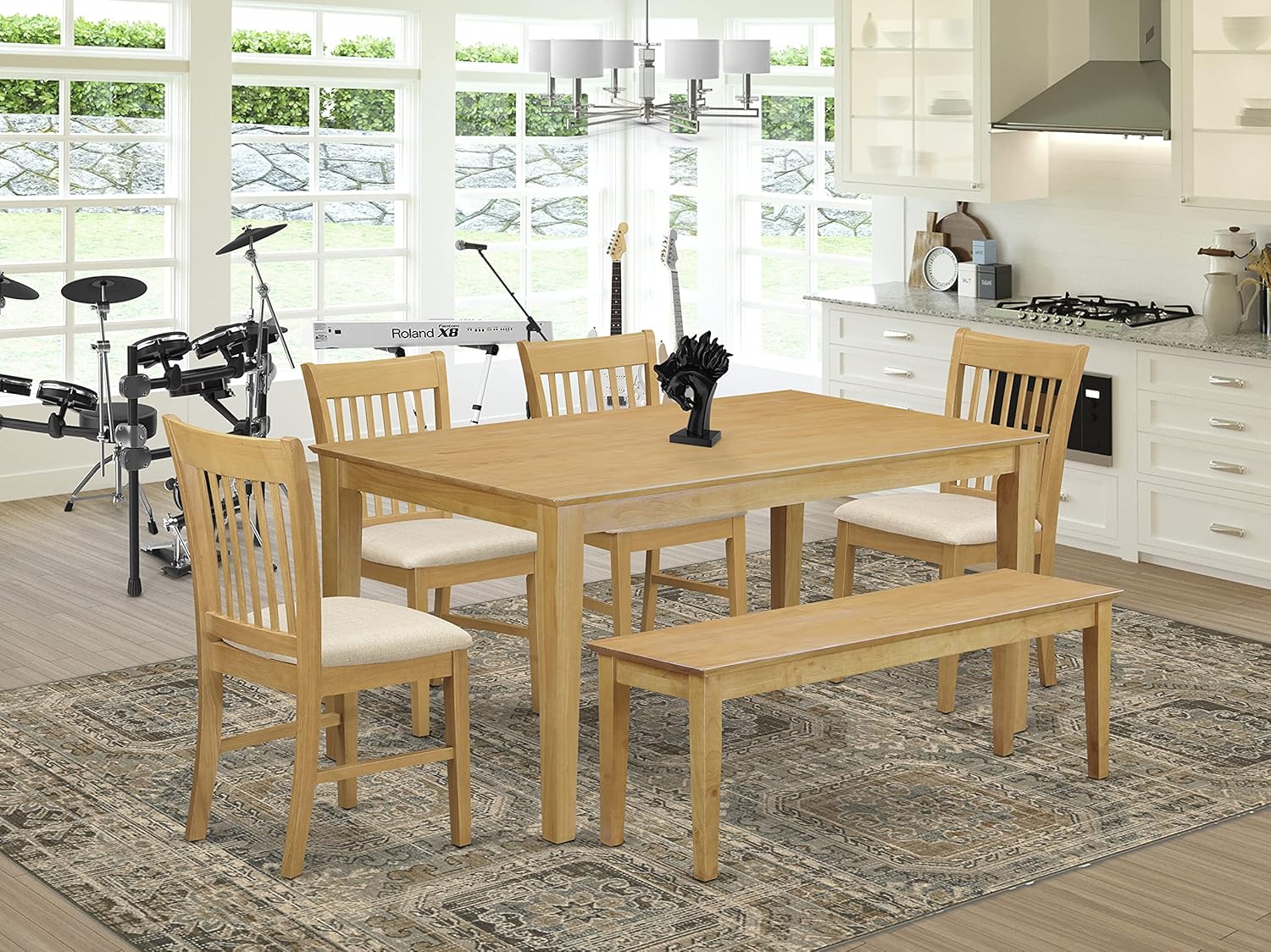 East West Furniture CANO6-OAK-C 6 Pc Wooden Set – 4 Dining Chairs with Linen Fabric Seat and Slatted Back-Rectangular Top and 4 Legs Dining Room