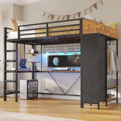 VIAGDO Loft Bed Twin Size with Hall Tree, Charging Station and LED Lights, Metal Loft Bed with L-Shaped Desk, 5 Storage Drawers