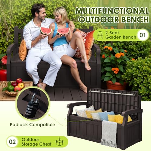 Greesum 80 Gallon Outdoor Storage Bench, Resin Patio Furniture with Armrest,Waterproof and UV-Resistant, Perfect to Garden, Poolside and Lawn