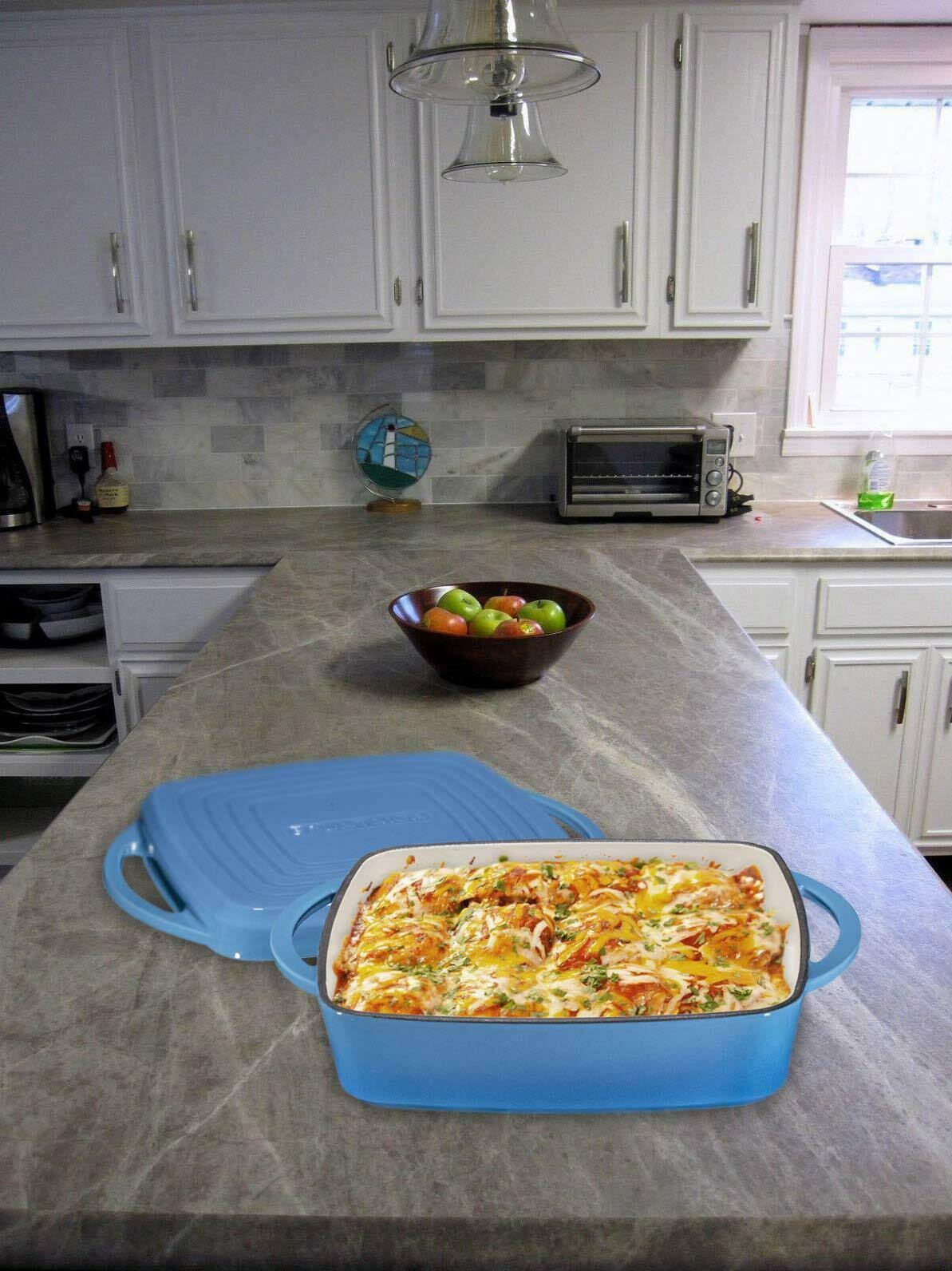 Bruntmor Enameled Cast Iron Casserole Dish Baking Pan Griddle Lid 11 inch Blue