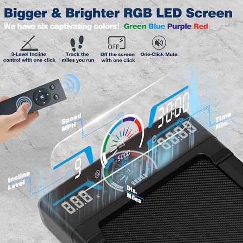 Walking Pad Treadmill with 12% 9-Level Auto Incline, 450 lbs Capacity RGB LED Screen, Bluetooth Speaker Under Desk Treadmill
