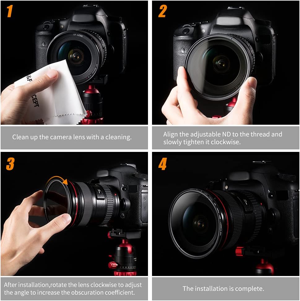 K&F Concept 37mm ND Filter Variable Fader NDX Neutral Density Adjustable ND2 to ND400 Lens Filter Kit + Cleaning Cloth for Cameras Lens