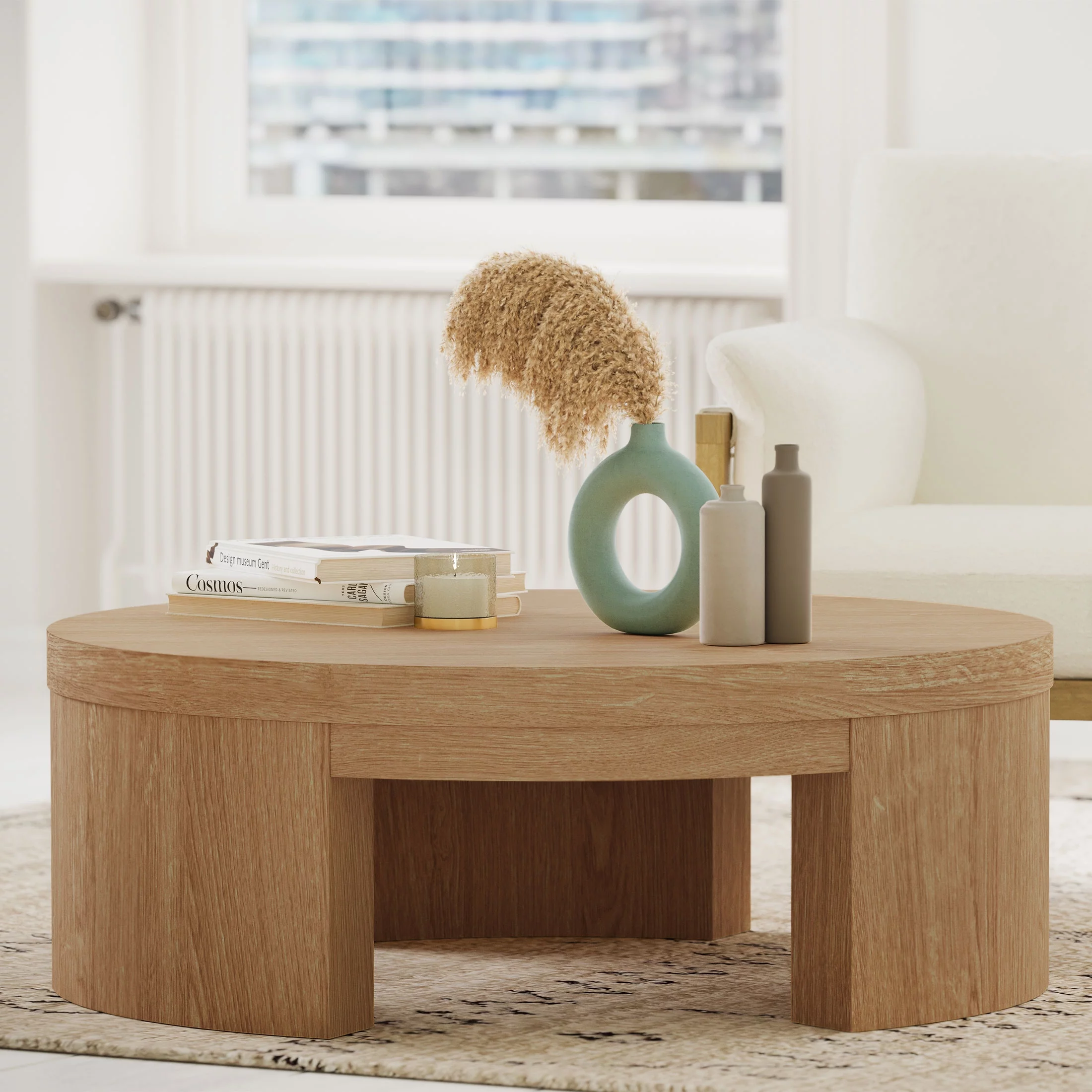 Beautiful Mod Round Coffee Table by Drew Barrymore, Warm Honey Finish - Radiant Selections