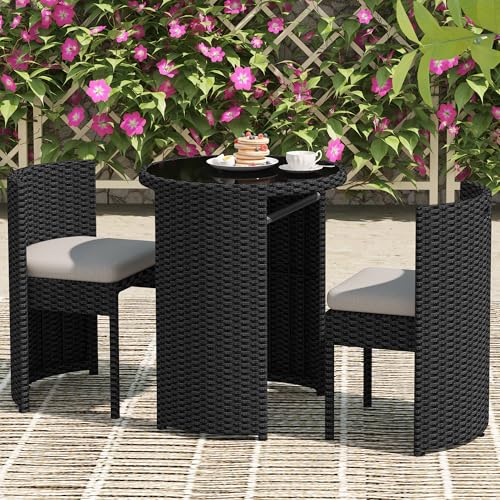 TWT 3 Pieces Fully Assembled Aluminum Outdoor Patio Bistro Set All-Weather Wicker Patio Furniture with Tempered Glass Table & Patio Chairs for