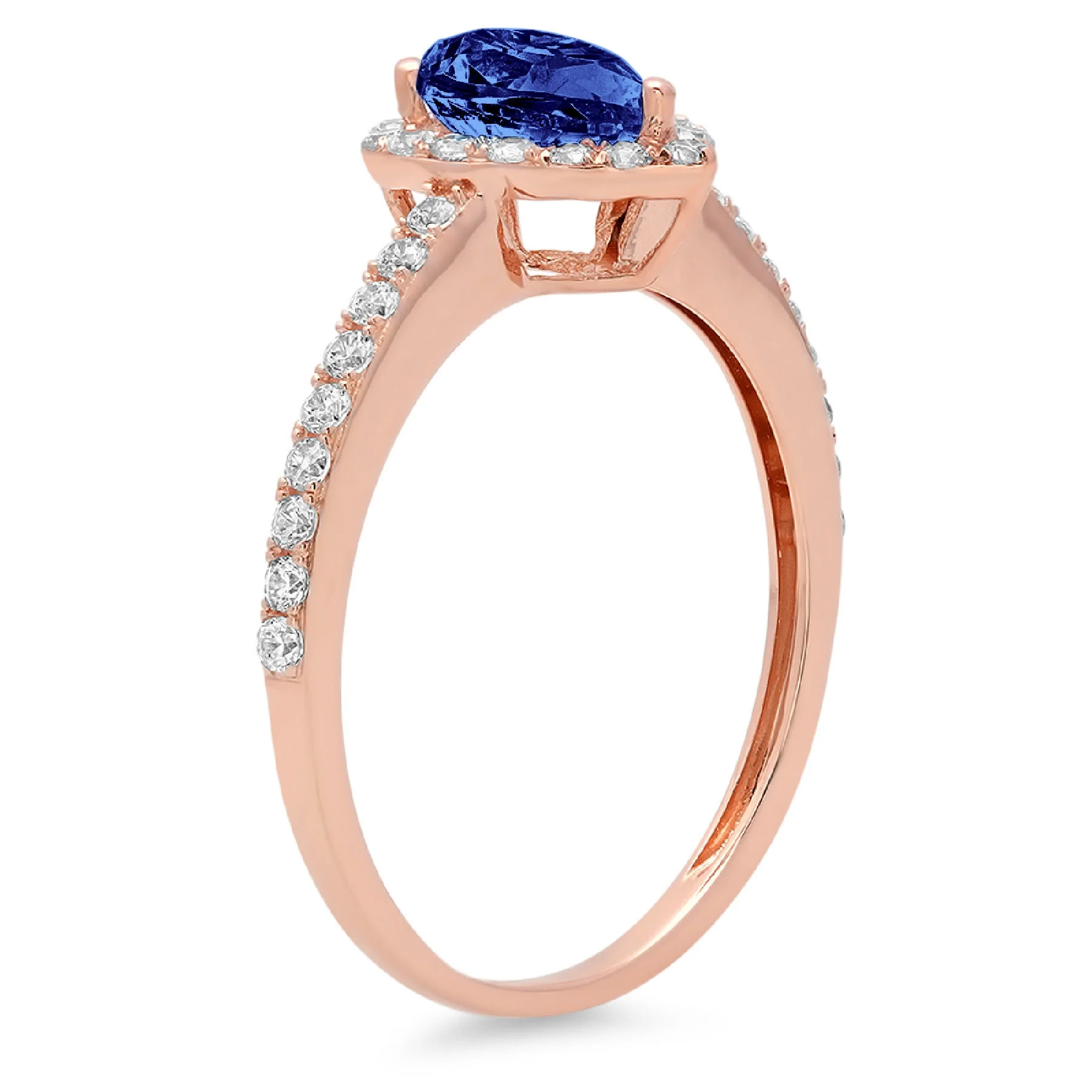 1.32ct Pear Cut Blue Simulated Tanzanite 18k Pink Rose Gold Engraving Statement Anniversary Engagement Wedding Halo Ring Size 3.5