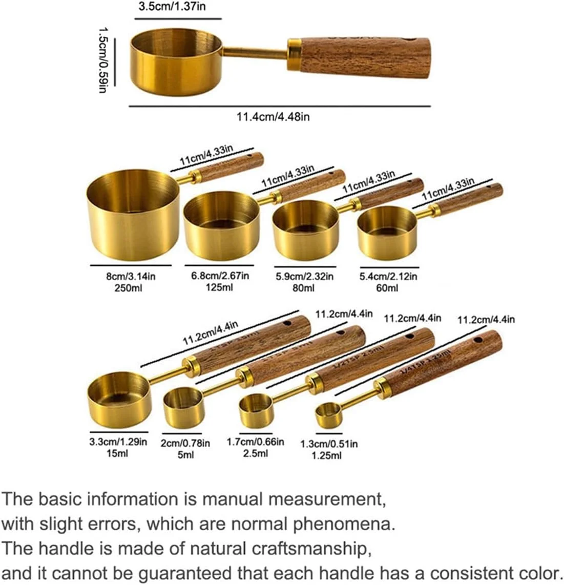 8 pieces Golden Measuring Cups Set and Measuring Spoons Set with Scale, Wooden Handle Stainless Steel Dry &amp