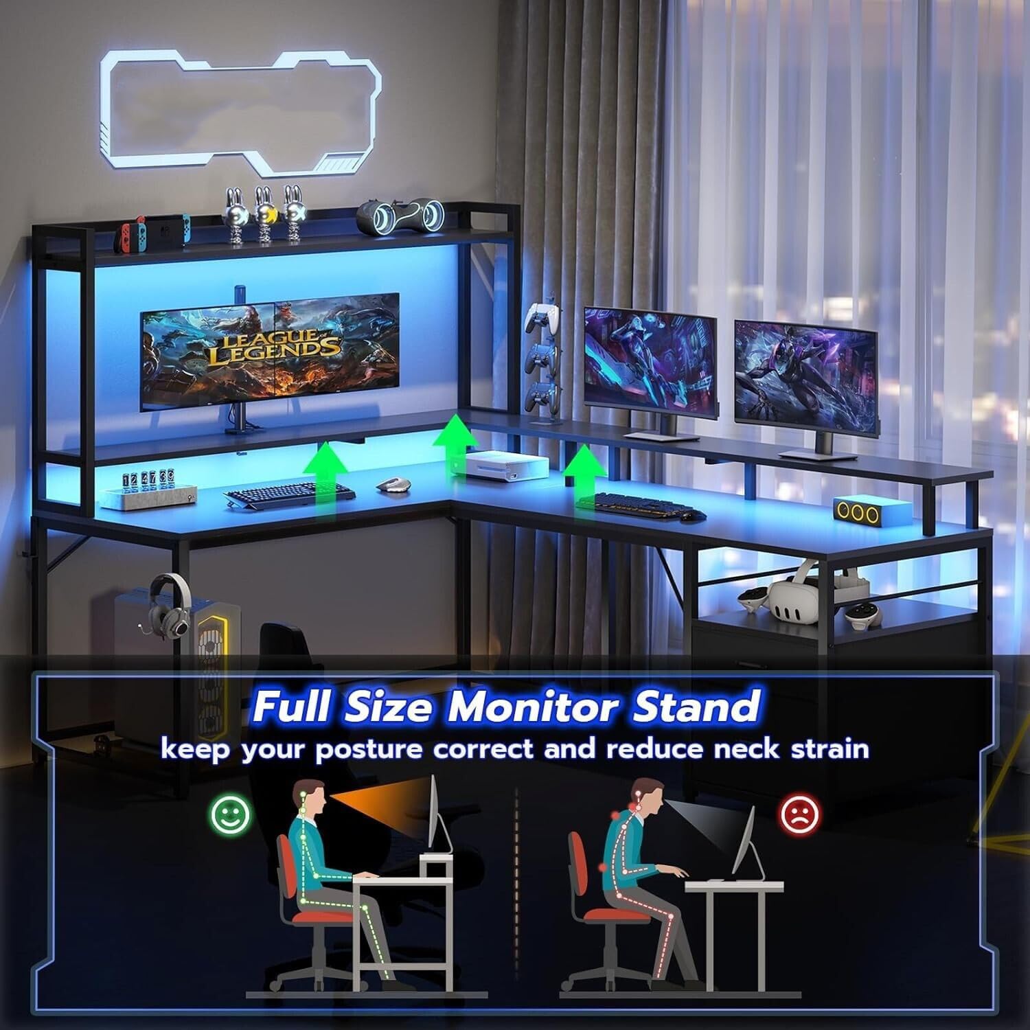 New Modern Black 67" L Shaped Desk Computer Monitor Shelf Two Person Cabinet File Drawer Storage Shelves Led Lights Corner Reversible Office Study