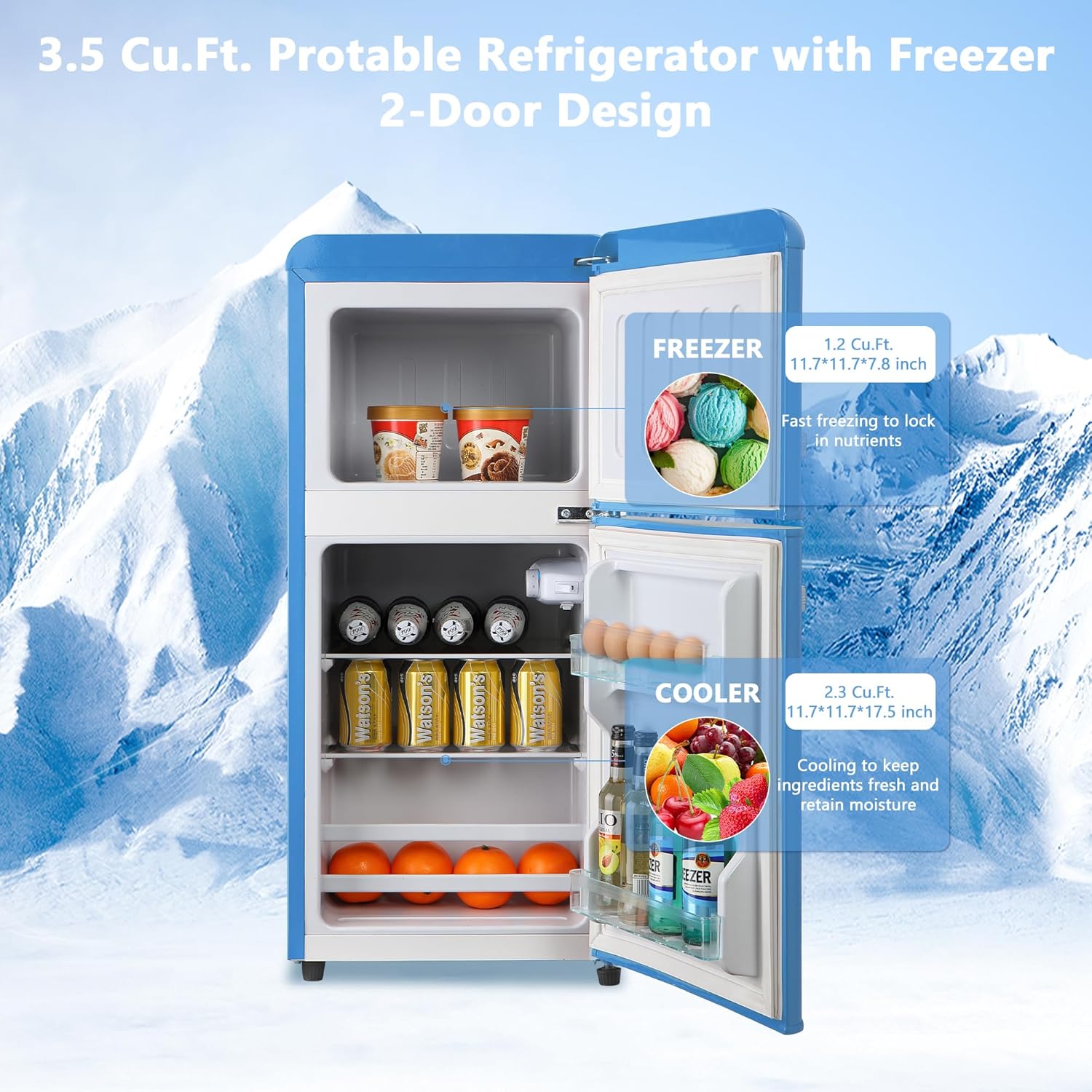 Mini Refrigerator with Freezer 3.5 Cu.Ft, Small Refrigerator with 7 Settings Temperature, Adjustable Shelves, 2 Doors, Low Noise
