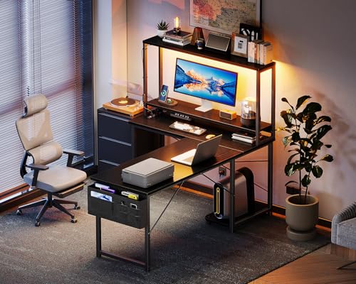 AODK L Shaped Desk Gaming Desk with LED Light & Power Outlet