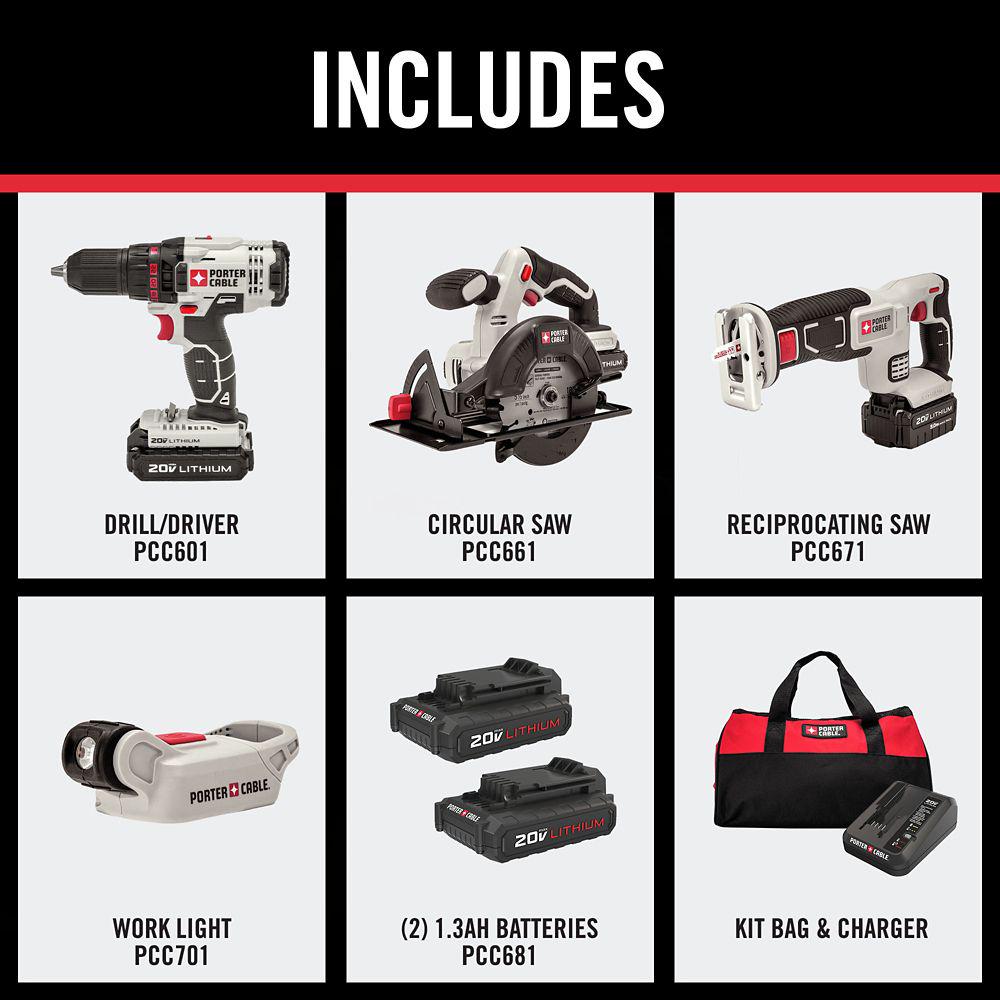 PORTER-CABLE PCCK616L4 20V Drill/Driver and Saw Combo Kit, 4 pc.