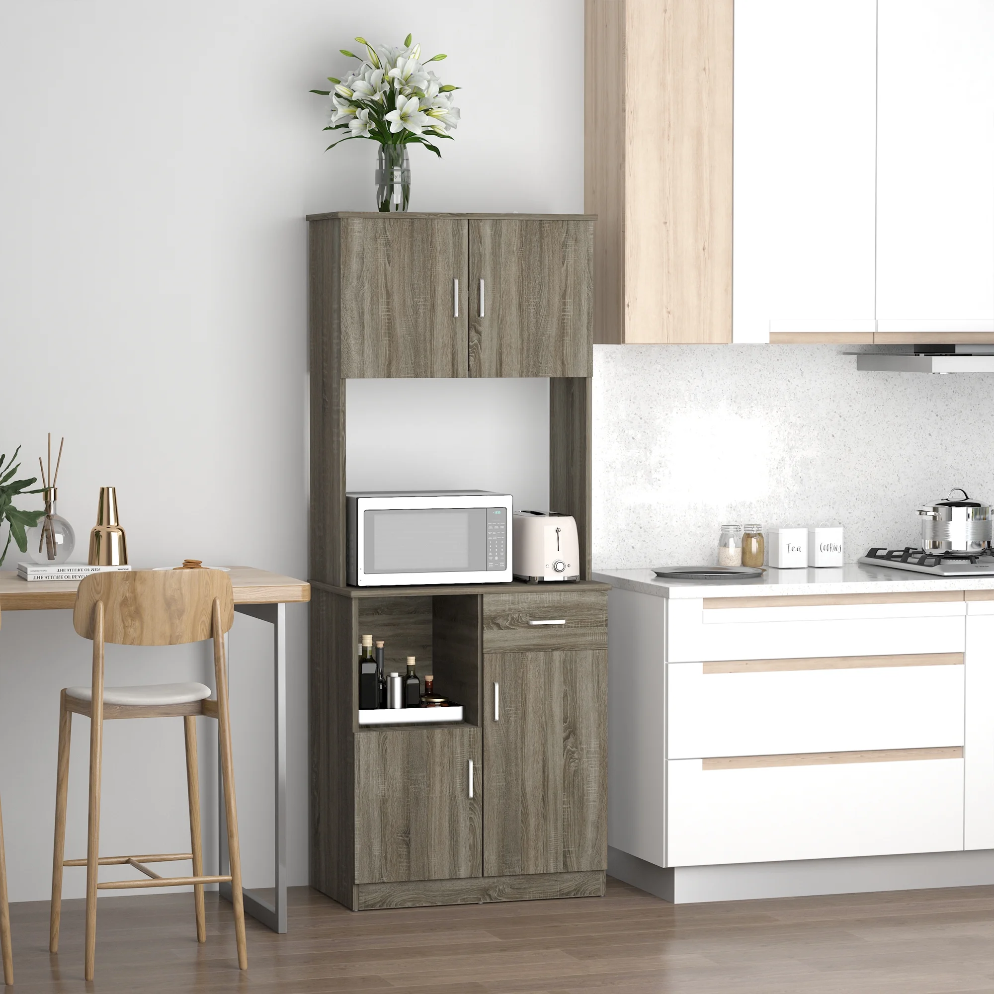 HOMCOM Kitchen Pantry Storage Cabinet with Microwave Stand, Buffet with Hutch, Door Cupboards, Drawer and Adjustable Shelves, Gray