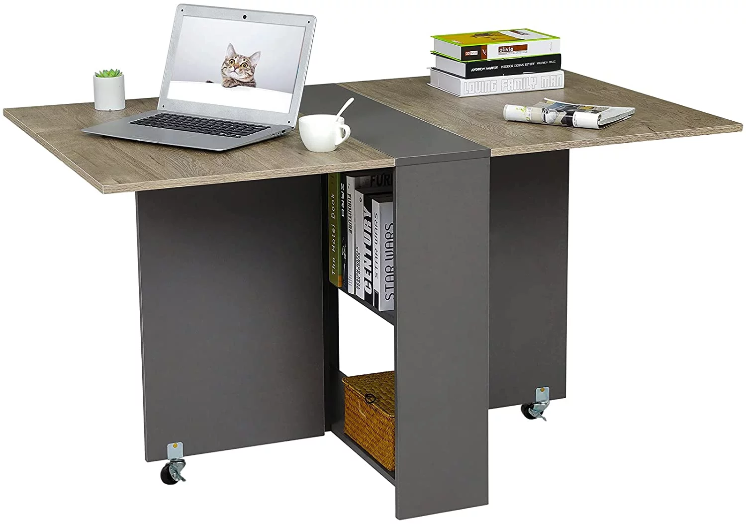 Folding Dining Table, Drop Leaf Dining Table with 6 Wheels and 2-Layer Storage Shelf, Space Saving Dining Table for Small Spaces, Chestnut and Gray