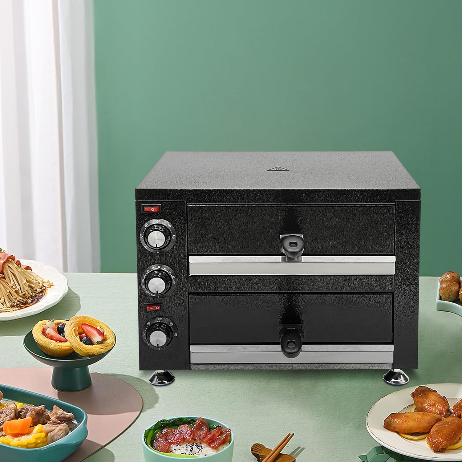 2 Tier Pizza Oven 2200W Stainless Steel Electric Pizza Oven with Trays and Timer
