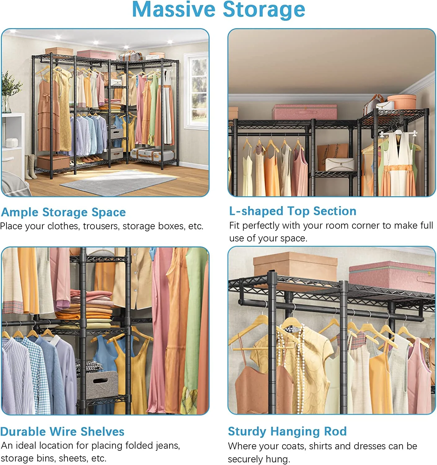 L50 Protable Closet Rack Large Corner Freestanding Wardrobe Closet