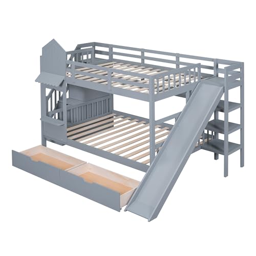Kids Bunk Bed with Stairs and Slide, Wood Twin Over Twin Bunk Bed with Storage Drawers and Shelves, Castle Style Bunk Beds for Kids Teens Girls Boys