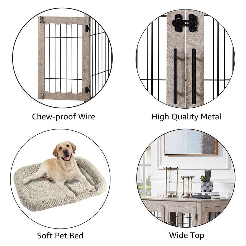 Unipaws Crate Wooden End Table with Wire Dog Kennel with Bed in Weathered Gray, 32x22 L x 23x22 W x 26.5x22 H, Medium