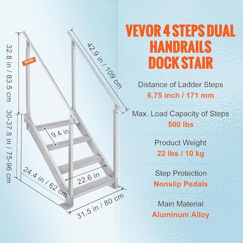 VEVOR Dock Stairs Ladder 4 Step, Aluminum Dock Steps 30"-39" Adjustable Height, 500Lbs Load, 4" Wide Nonslip Pedals