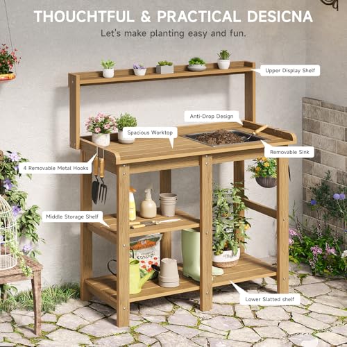 Potting Bench, Outdoor Potting Bench Table with Removable Sink, HDPS Potting Benches for Outside, Garden Table with Storage Shelves & 4 Side Hooks