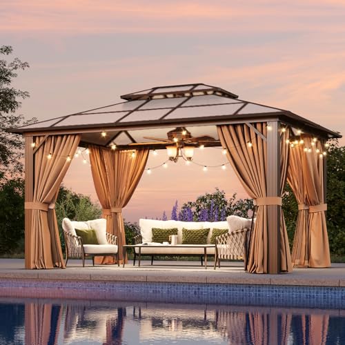 Aoxun 12'x16' Hardtop Gazebo, Aluminum Frame Permanent Pavilion with Netting and Curtains, Outdoor Polycarbonate Double Roof Canopy
