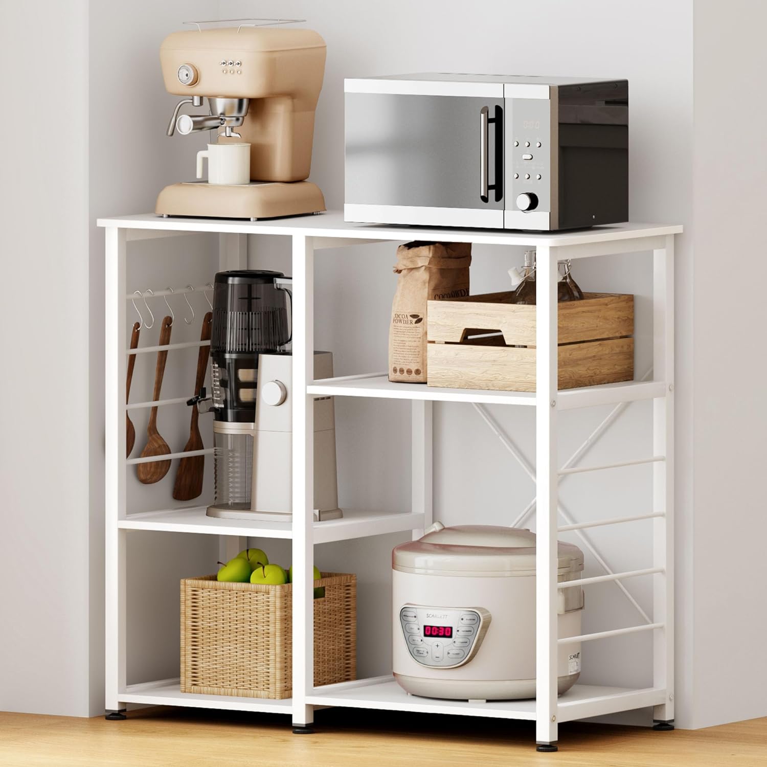 FJU , 35 inch Microwave Stand with 4 Storage Shelves, Kitchen Shelves Organizers s with Storage, Microwave Table Coffee Station Table for , White