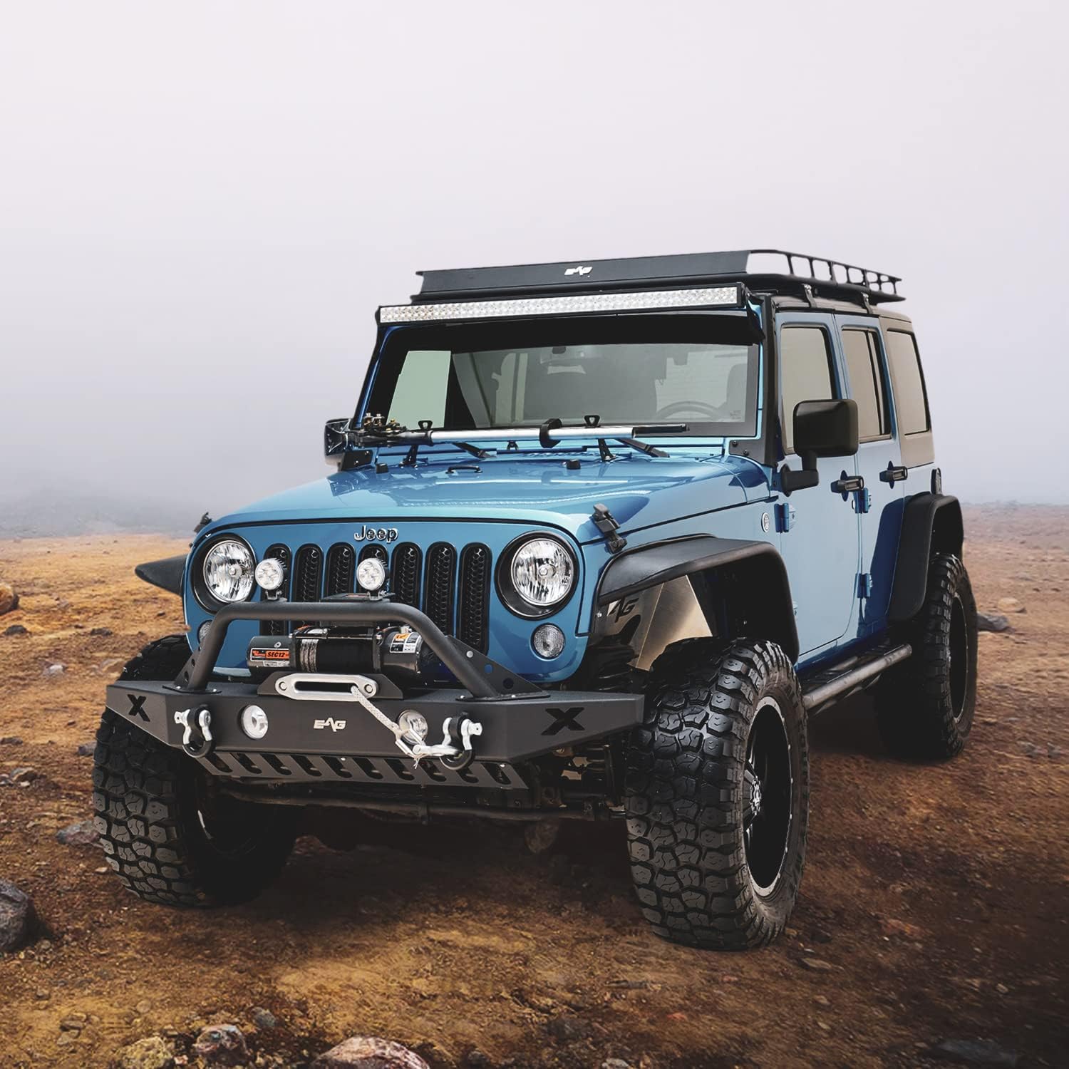 EAG Front Bumper and Rear Bumper Combo with Skid Plate & Tire Cattierfit for 07-18 Wrangler JK