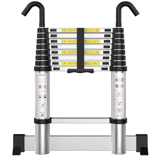 Telescoping Ladder with Hooks 12.5 FT - Aluminum Telescopic Ladder with Stabilizer
