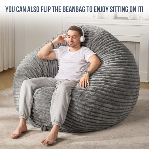 Hobestluk 5ft Bean Bag Chairs for Adults Large Beanbag Chair with Stripe Plush Cover Big Bean Bag Chair for Living Room Bedroom Dorm Office -Black