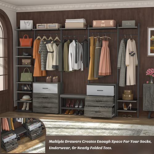 Aheaplus Clothing Rack Heavy Duty Closet Organizer for Hanging Clothes, Large Wall Mounted Garment Rack Clothes Rack with 6-Drawers for Wardrobe