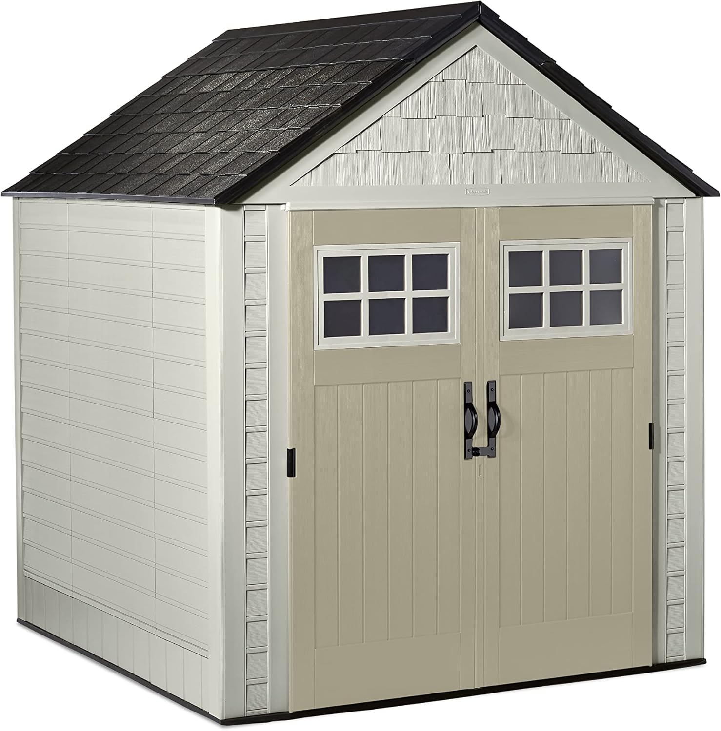 Rubbermaid Resin Outdoor Storage Shed With Floor (7 x 7 Ft), Weather Resistant, Beige/Brown