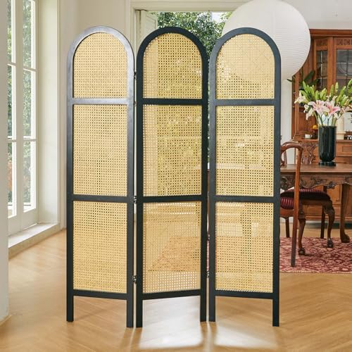 Room Divider and Folding Privacy Screens, Pine Wood 5.6 Ft Double Hinged Rattan Partition Freestanding Wall Room Divider for Home - 3 Panels