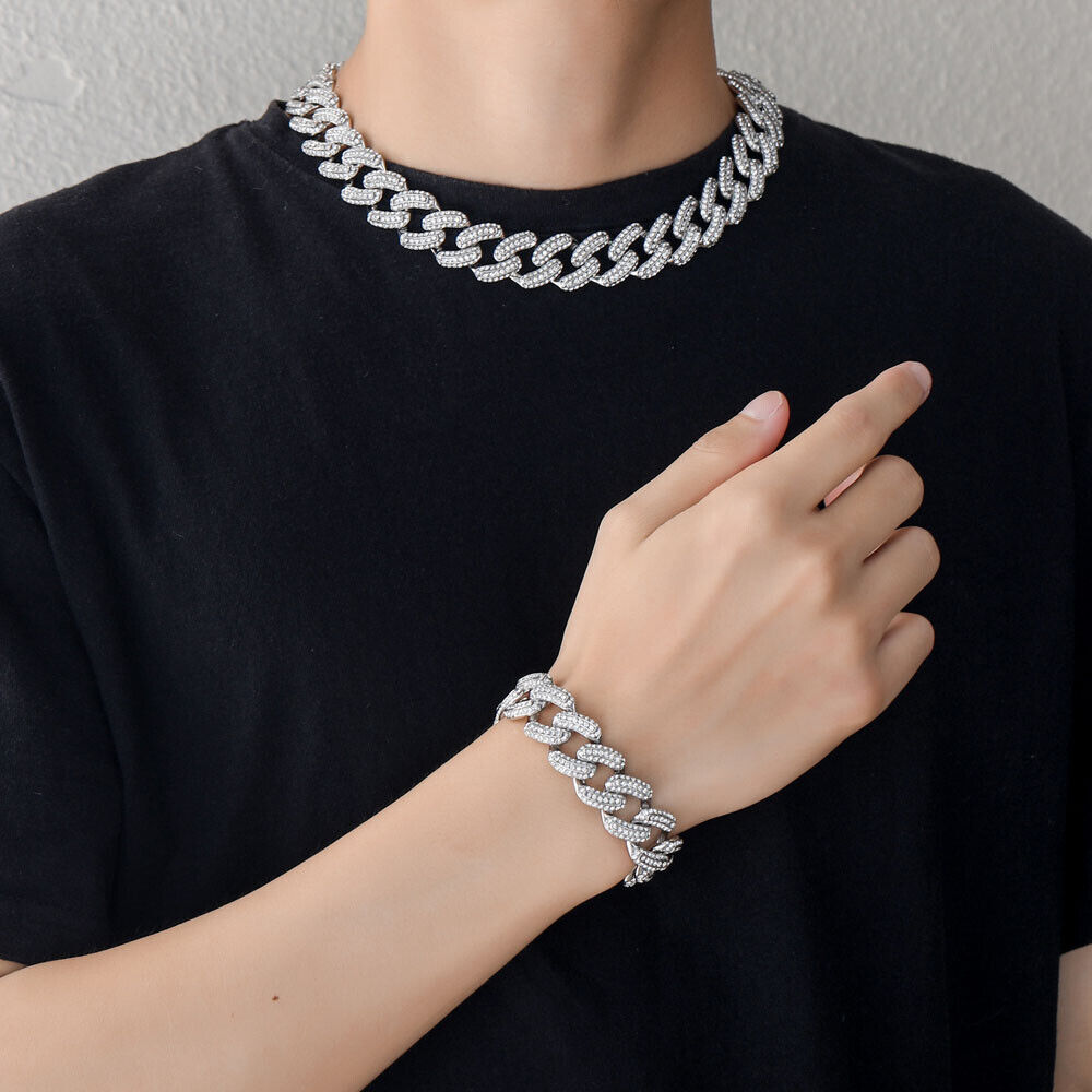 Men Hip Hop 19mm Necklaces Cuban Chains Bling CZ 18K Gold Silver Plated Jewelry
