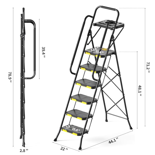 KINGRACK 6 Step Ladder with Tool Platform, Folding Step Stool with Handrails, Sturdy Steel Ladder with Wide Pedal