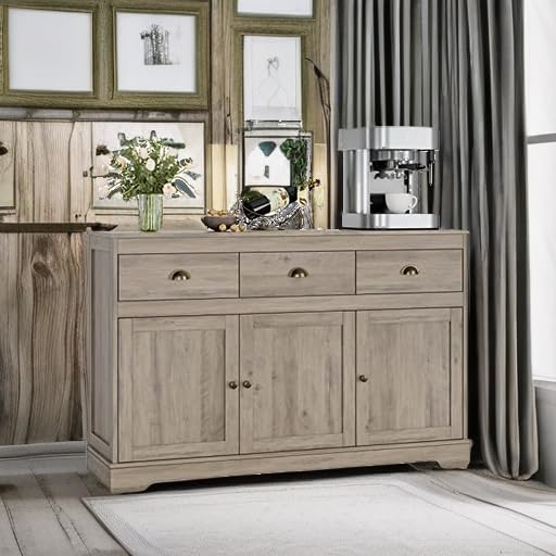 Keyluv White Buffet Cabinet Storage Sideboard Farmhouse Server Bar Wine Cabinet with 3 Drawers & 3 Doors Adjustable Shelves Console Table for Dining