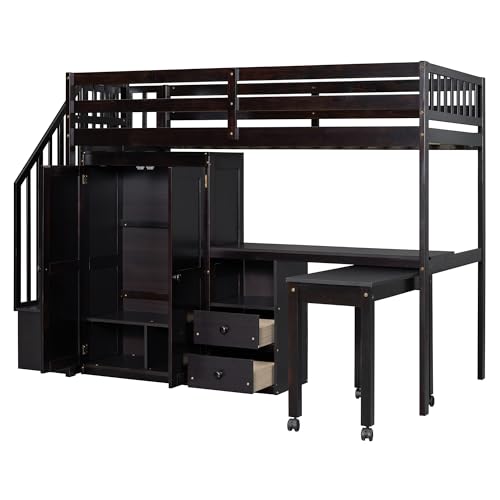 Harper & Bright Designs Twin Size Loft Bed with Stairs and Bookshelf, Wood Twin Storage Bed with Desk & Wardrobe