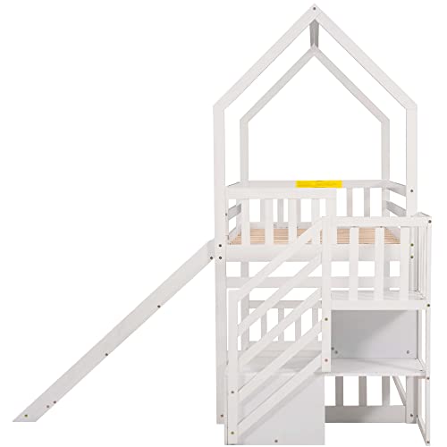 Merax Twin Over Twin House Bunk Bed Frames with Slide and Storage Staircase, No Box Spring Needed, White