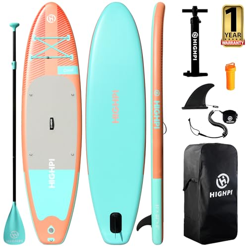Highpi Inflatable Stand Up Paddle Board Premium SUP Accessories, Backpack, Wide Stance, Surf Control, Non-Slip Deck, Leash, Paddle and Pump