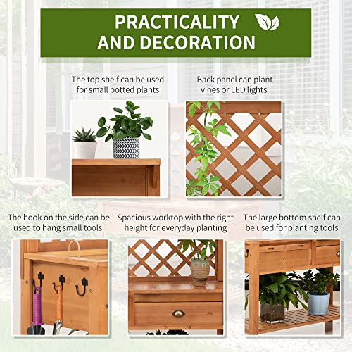 Outsunny Garden Potting Bench, Outdoor Wooden Workstation Table w/Metal Screen, Drawer, Hooks, Storage Shelf, and Lattice Back for Patio