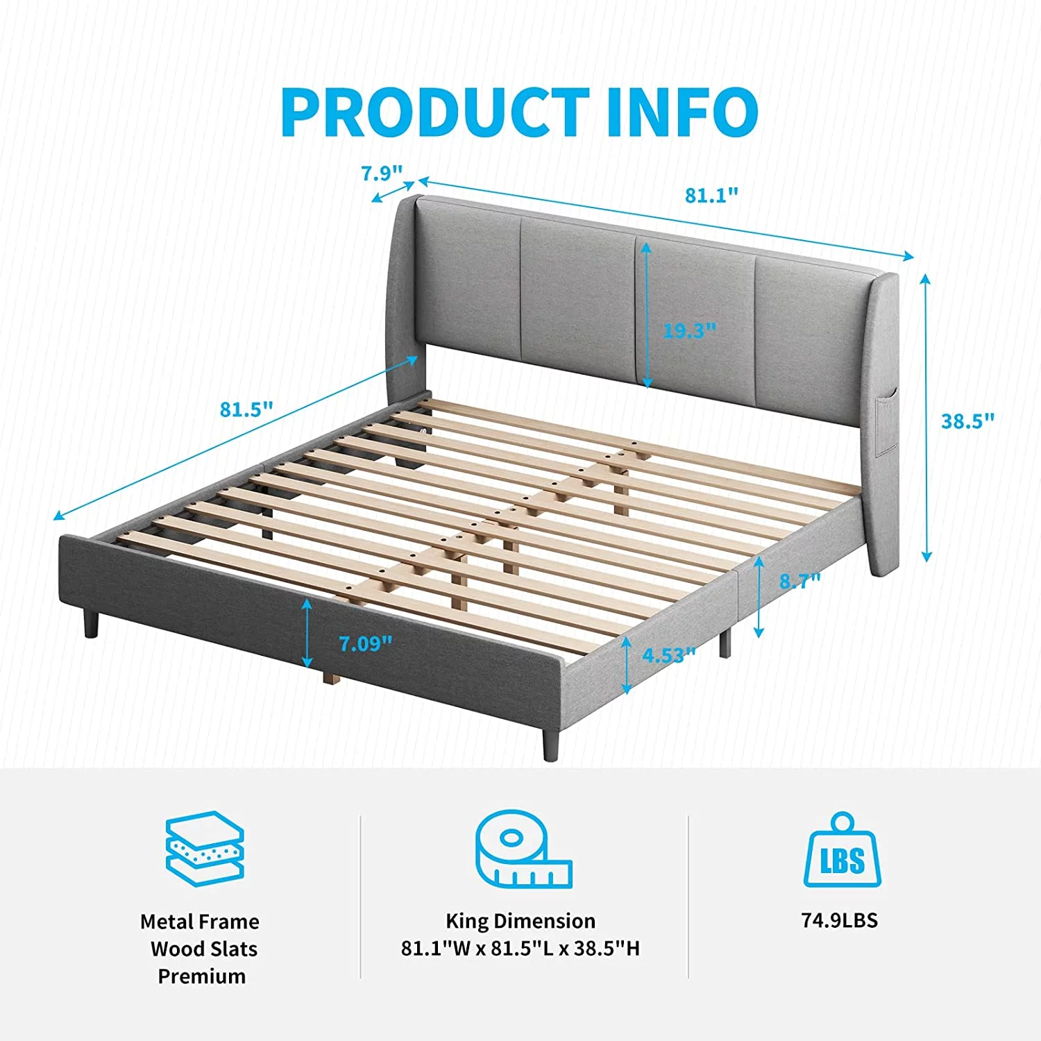 Mjkone King Platform Bed Frame with Wooden Slat Support, King Bed Frame and Headboard, King Size Bed Use Linen Upholstery