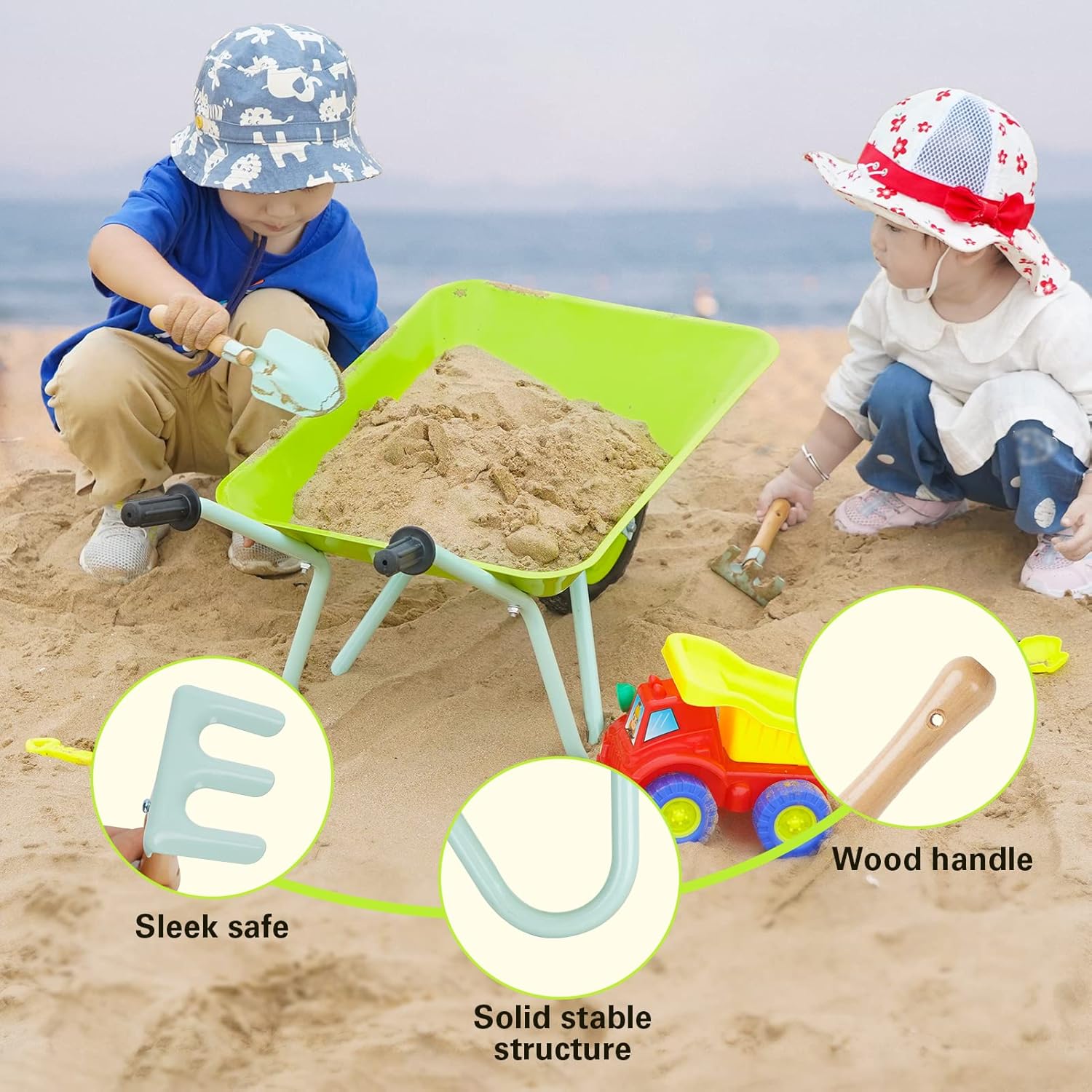 STBoo Kids Wheelbarrow Gardening Tools Set, Metal Child Wheel Barrel with Hand Rake, Shovel, Mini Garden Carts Outdoor Play Yard Work