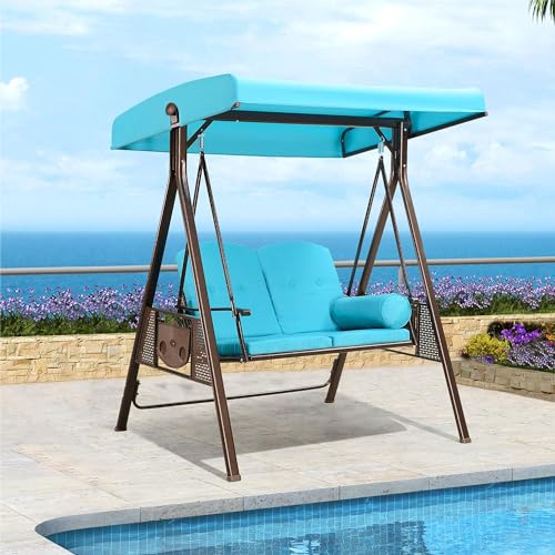 PURPLE LEAF 3-Seat Deluxe Outdoor Patio Porch Swing with Weather Resistant Steel Frame, Adjustable Tilt Canopy, Cushions and Pillow Included, Beige