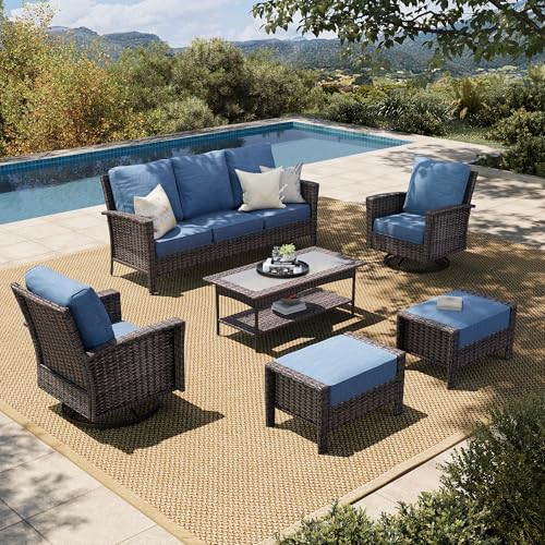 HERA'S HOUSE High Back Patio Furniture Set with Swivel Chairs, Outdoor Wicker Conversation Sets with 5.5" Comfy Cushions, 4 Piece Outside Sofa Sets