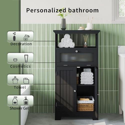 ChooChoo Bathroom Floor Storage Cabinet with Flip Glass Drawer, Freestanding with 2 Doors, Adjustable Shelf & 1 Open Storage for Living Room, Hallway