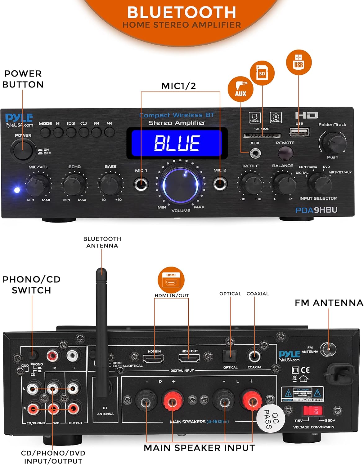 Wireless Bluetooth Home Stereo Amplifier - Multi-Channel 200 Watt Power Amplifier Home Audio Receiver System w/HDMI, Optical/Phono/Coaxial, FM Radio
