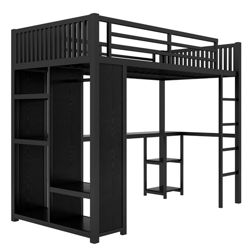 Queen Size Modern Metal Loft Bed with Wardrobe and L-Shaped Desk,Storage Cubes and Shelves,for Kids Teens Adults Bedroom Use (Black#h, Queen)