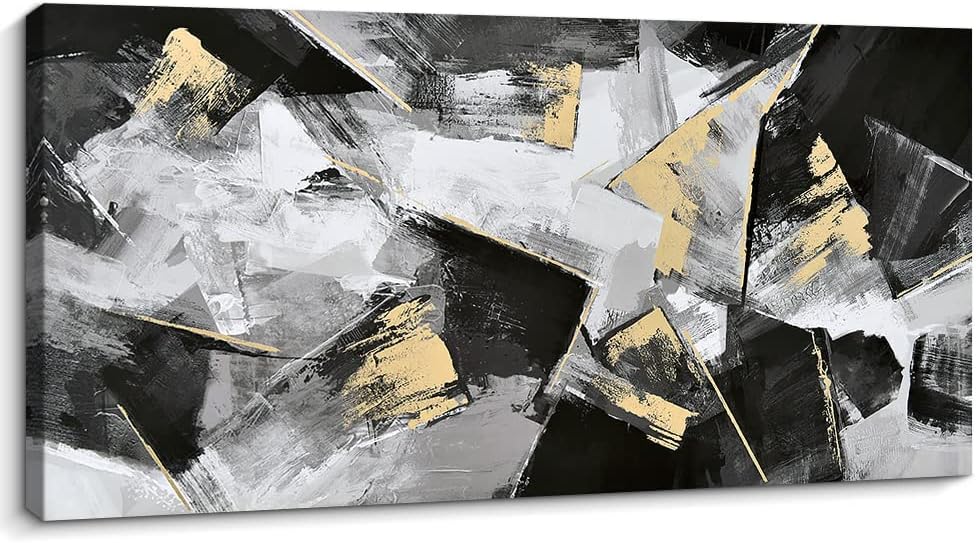 Pigort Abstract Geometry Wall Art for Living Room, Black Gold Canvas Prints Pictures Wall Decor, Modern Artworks for Home Office Decoration