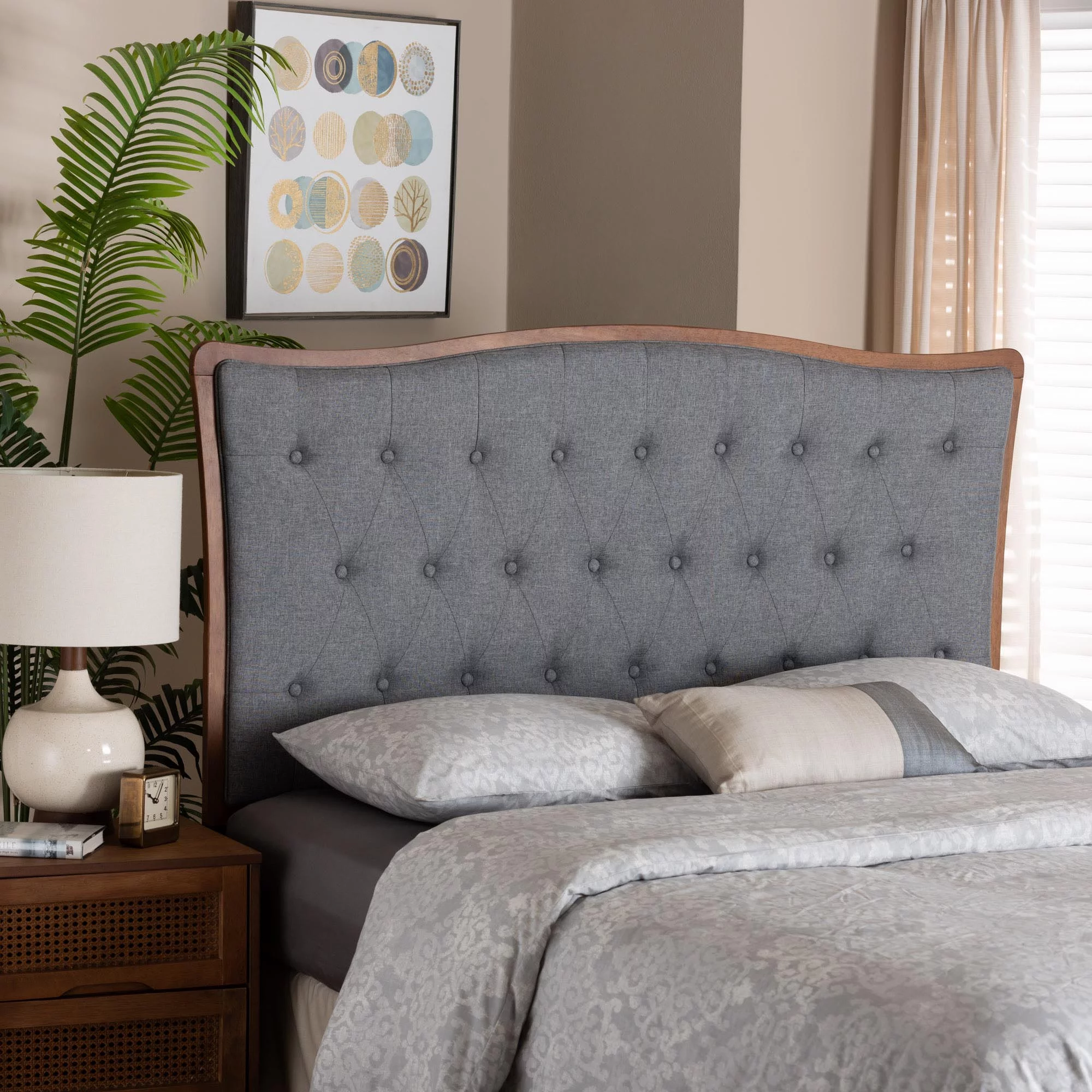 Baxton Studio Nikita Classic and Traditional Grey Fabric and Walnut Brown Finished Wood King Size Headboard