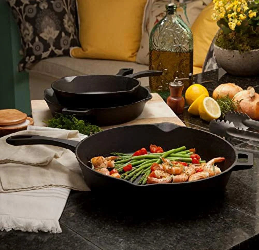 Bayou Classic 7405 3 Piece Cast Iron Skillet Set, 10"/12"/14"