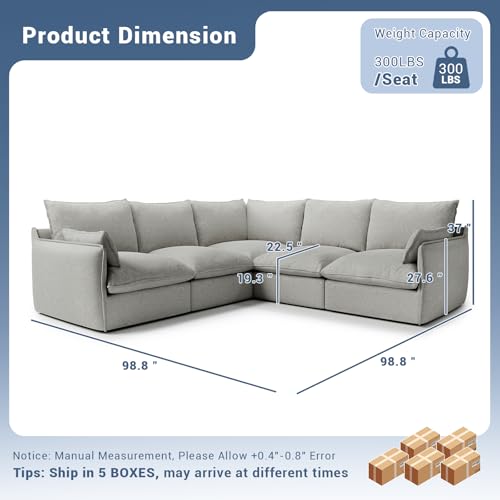 Cloud Modular Sectional Sofa, Waterproof Down Filled Sectional Sofas, High Backrest V Shaped 5 Seater Sectional Couches for Living Room