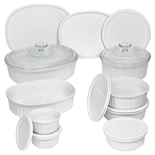 Durable Non-Porous French White 18 Piece Ceramic Made and Oven and Microwave Safe Bakeware Set with Lid by CorningWare