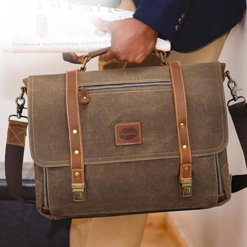 Laptop Messenger bag for Mens 15.6 Inch, Waterproof Vintage Genuine Leather Mens Briefcase shoulder bag 16 Storage Pockets